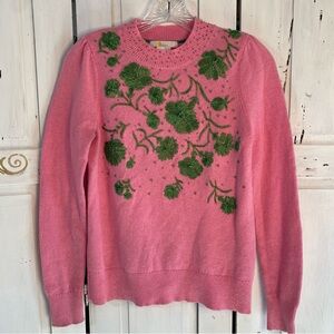 Boden Pink Sweater with Green Floral Beaded Design Size 4